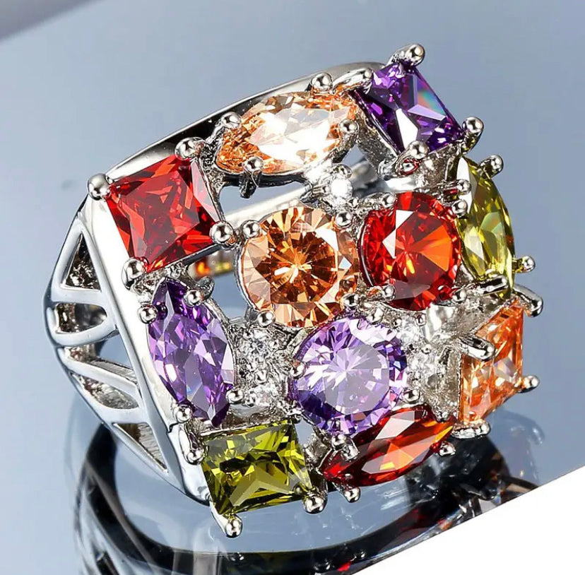 Silver Colorful Crystal Ring