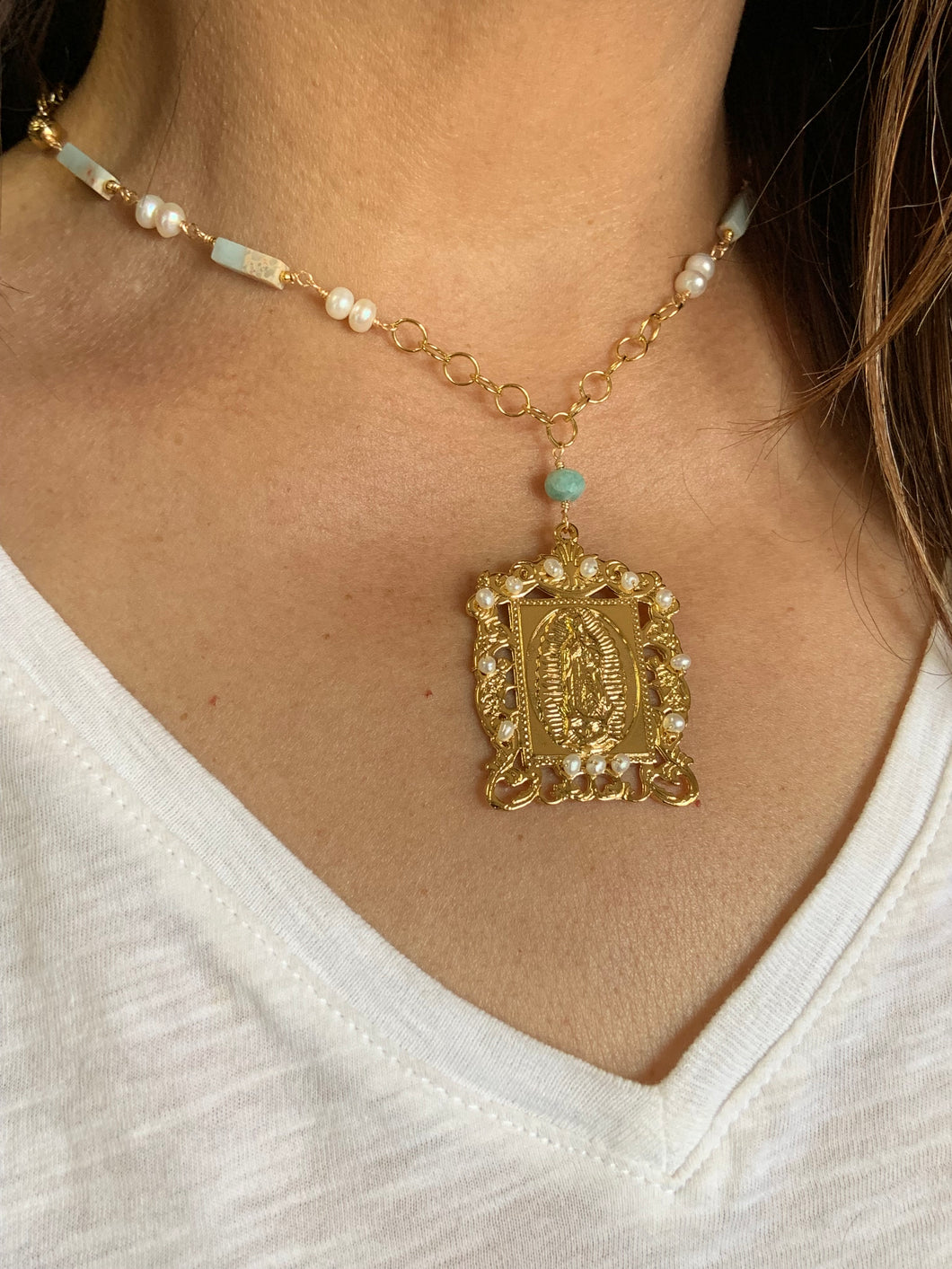 Designer Virgen de Guadalupe Pearl Necklaces